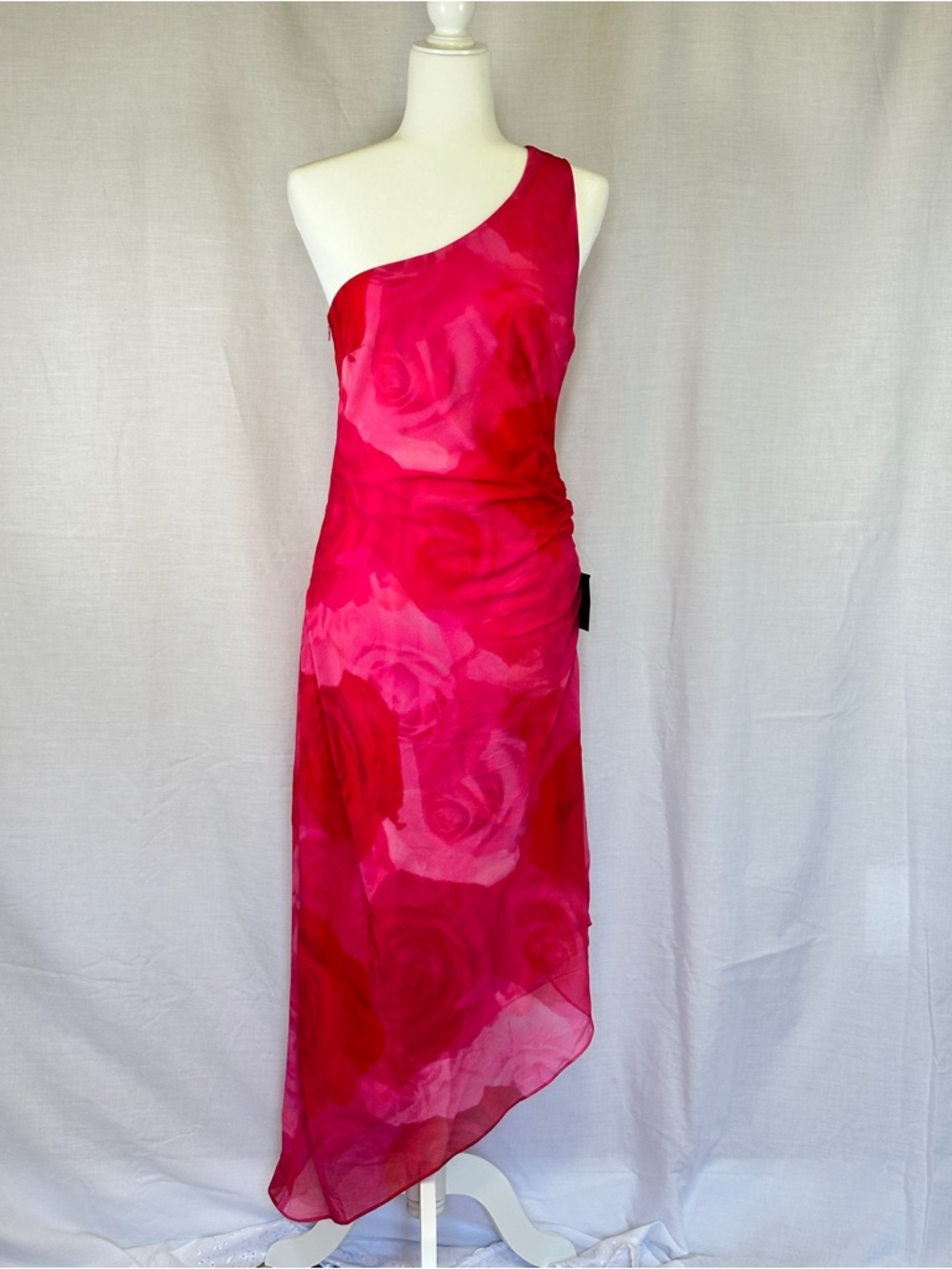 Lulus Pink Floral One Shoulder Asymmetrical Midi Dress NWT Romantic Wedding